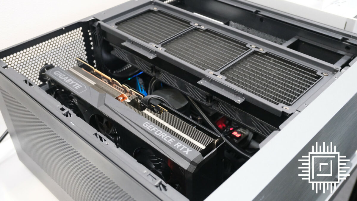 The inside of Silverstone CW04, containing a GeForce RTX graphics card and 360mm AIO water cooler