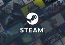 Steam logo atop an out of focus selection of tiles, with various game art