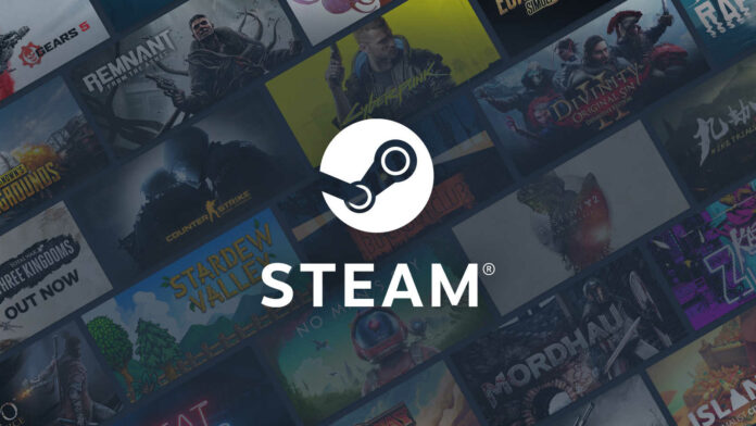 Steam logo atop an out of focus selection of tiles, with various game art