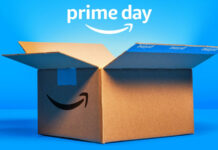 An Amazon box, with a 'Prime Day' logo floating above it, in a blue room