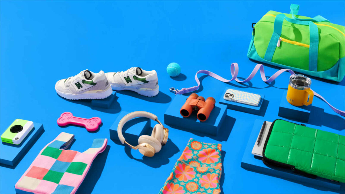 A variety of items, including shoes, headphones, and more, on a blue background