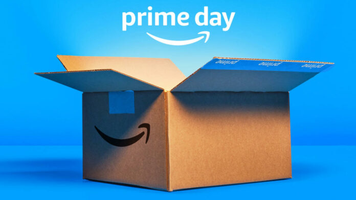 An Amazon box, with a 'Prime Day' logo floating above it, in a blue room