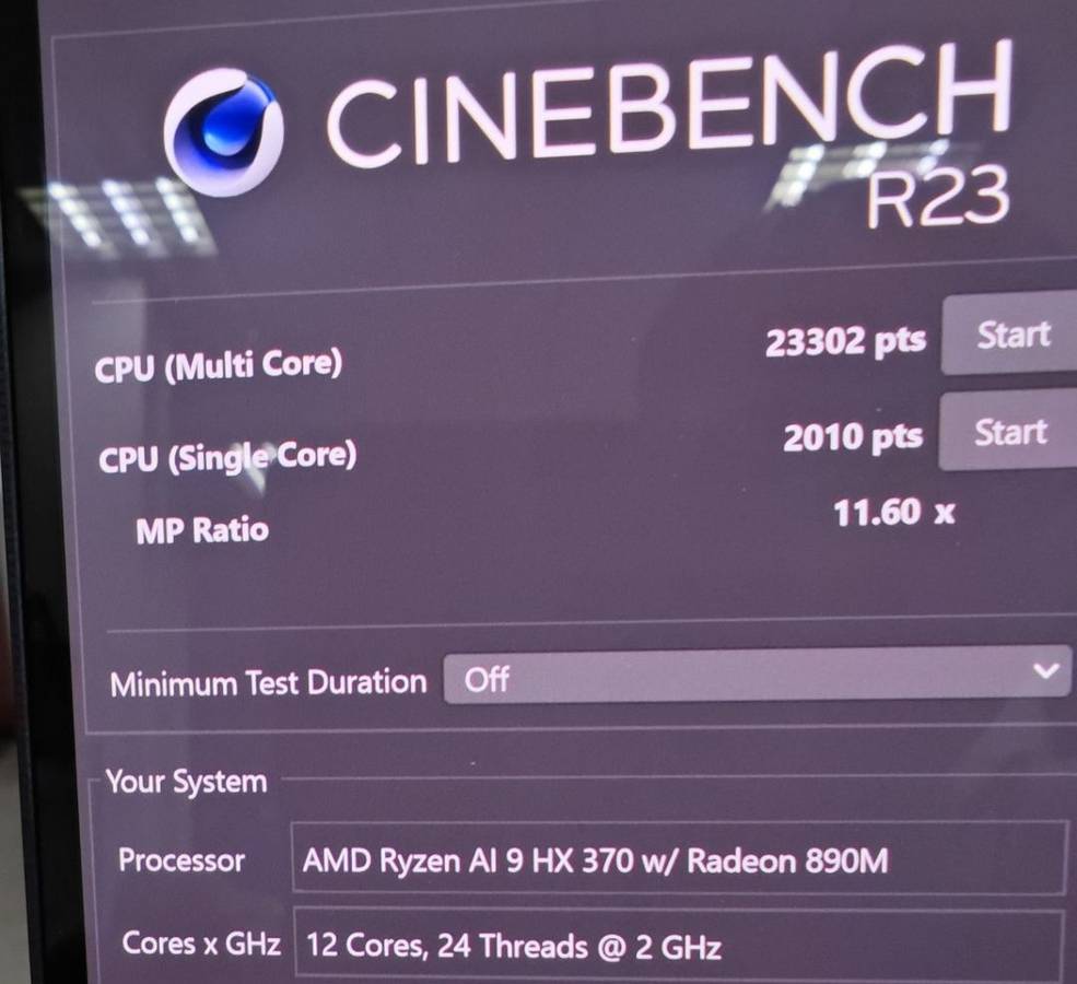 AMD Ryzen AI 9 HX 370 Cinebench R23 result.