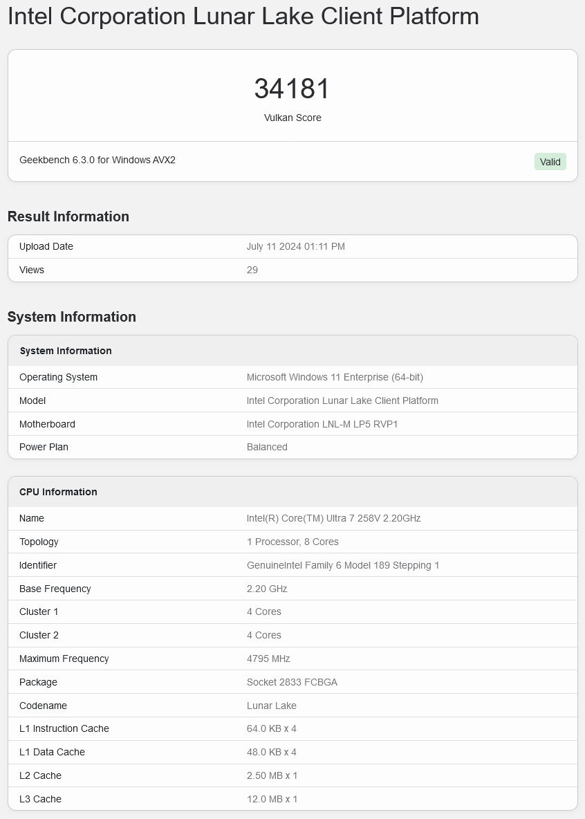 Intel Core Ultra 7 258V iGPU Geekbench score.