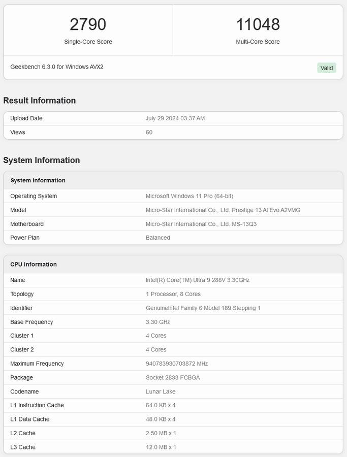 Intel Core Ultra 9 288V Geekbench 6 score.