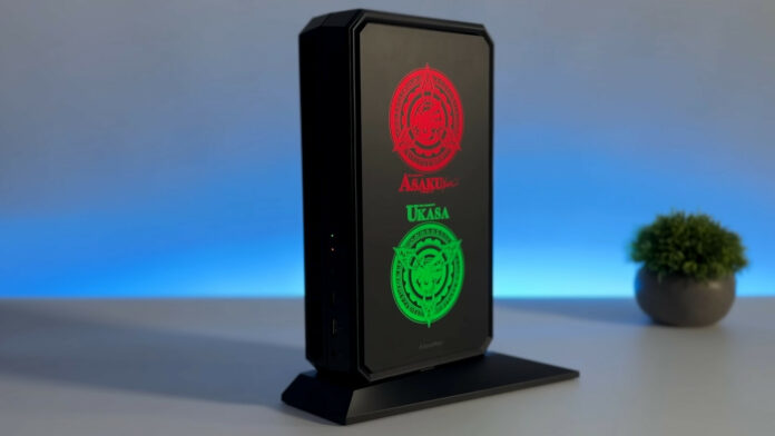 Side view of Minisforum AtomMan G7 PT, with green and red LEDs illuminating