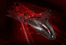 A spaceship speeding through a red environment