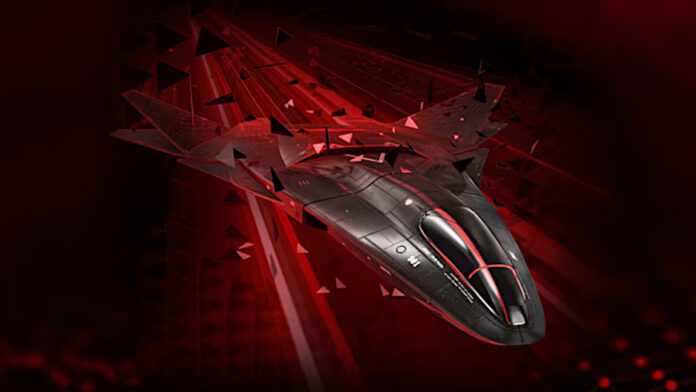 A spaceship speeding through a red environment