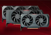 Three AMD Radeon graphics cards of varying lengths, stacked atop one another, against a red background.