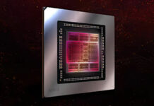 AMD GPU die, illuminated in pink, against a dark-red nebula background