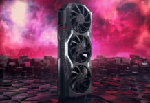 MBA Radeon graphics card, floating on an abstract floor of cuboids, against a nebulous red background