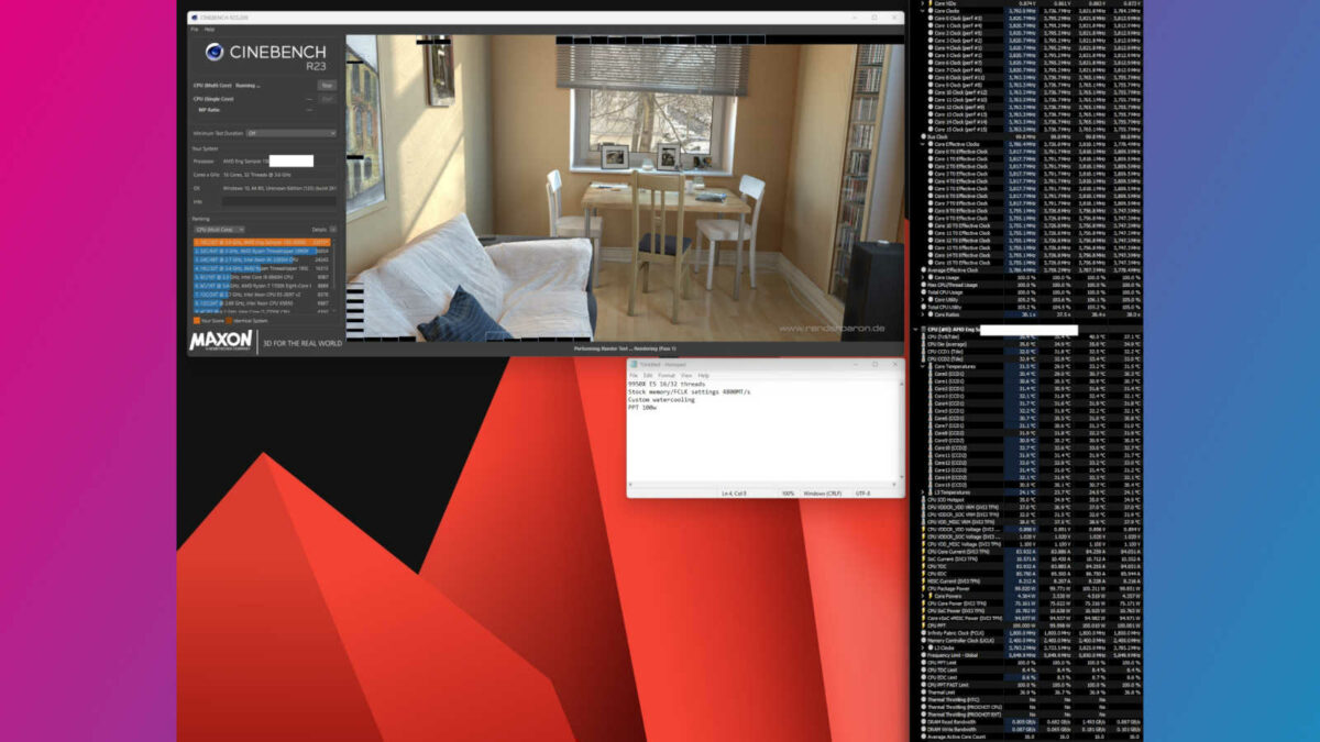Cinebench R23 running on a Ryzen 9 9950X engineering sample with a TDP of 100W