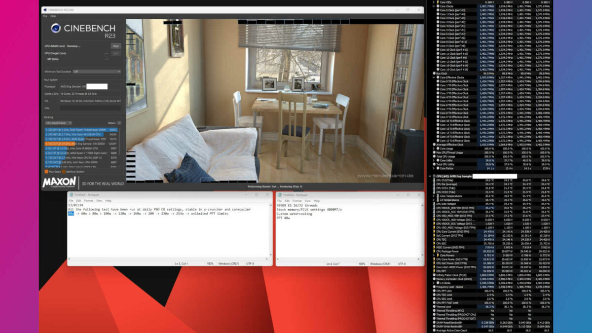 Cinebench R23 running on a Ryzen 9 9950X engineering sample with a TDP of 40W