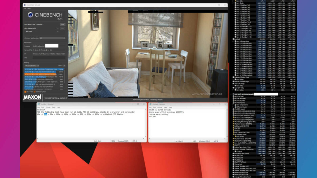 Cinebench R23 running on a Ryzen 9 9950X engineering sample with a TDP of 60W
