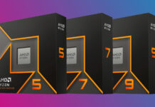 AMD Ryzen 5, 7, and 9 retail packaging lined up (left to right) against a two-tone pink-blue background