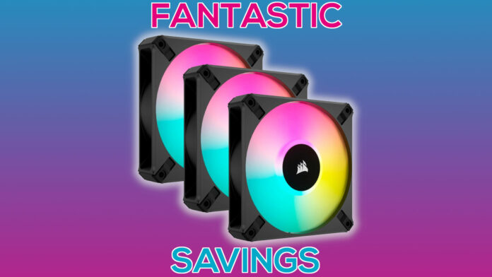 Three Corsair iCUE AF120 RGB Elite Fans stacked atop one another, with 'FANTASTIC' (above) and 'SAVINGS' (below) text surrounding it