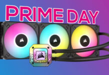 Corsair iCUE H150i Elite Capellix XT CPU cooler, against a two-tone background, with the word 'Prime Day' appearing above it