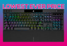 Corsair K70 RGB Pro keyboard, against a blue-pink background, with the text 'Lowest Ever Price' appearing above it