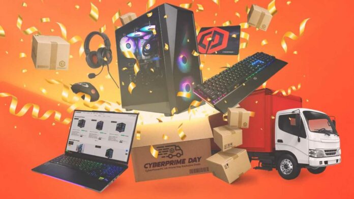 An explosion of boxes and products emerge from an orange light, with CyberPower logo in the top left and text reading 'CyberPrime Day' appearing in the bottom right