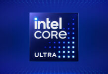 Intel Core Ultra logo floating in a blue room, with light blue LEDs.