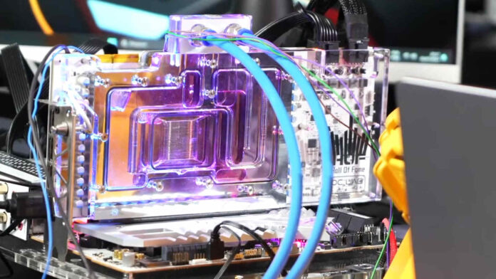 Teclab's RTX 4090 Super graphics card, cooled by a watercooling block run with blue tubing