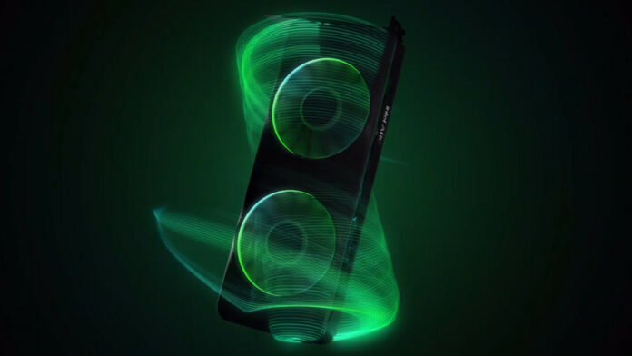 An Intel Arc graphics card, surrounded by dancing green lights