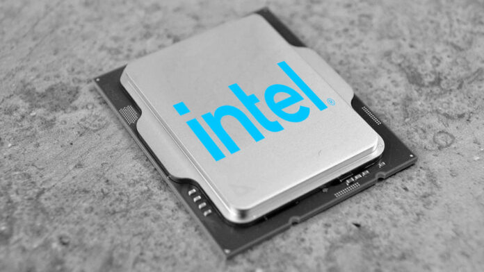 Intel processor in grayscale, with the company logo placed on top of it in blue