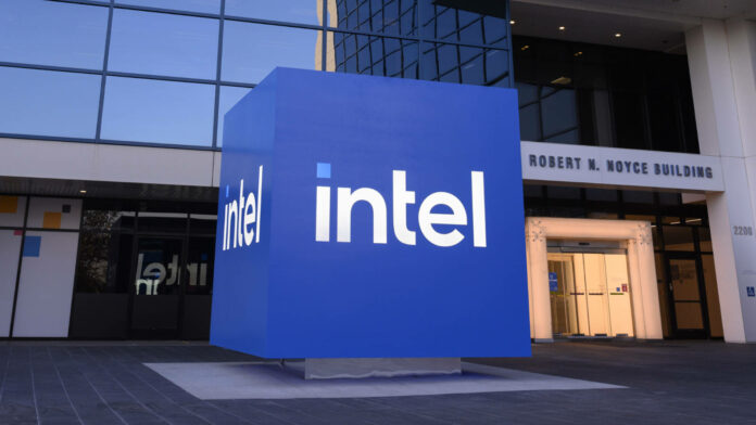 A large blue Intel cube sits outside one of the company's buildings