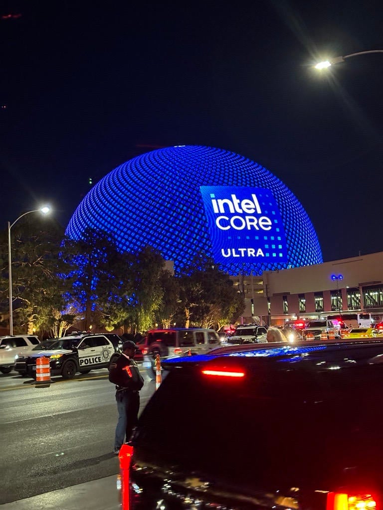 Las Vegas Sphere displaying an Intel Core Ultra logo at night