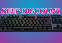 Logitech G915 TKL against a pink-blue background, with the phrase 'DEEP DISCOUNT' written above it