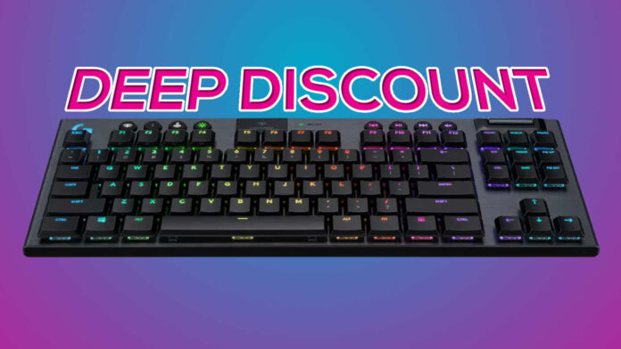 Logitech G915 TKL against a pink-blue background, with the phrase 'DEEP DISCOUNT' written above it