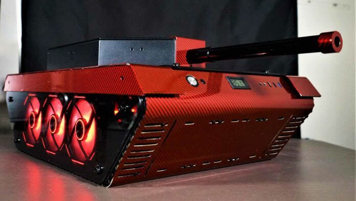 Mai PC's custom computer stuffed inside a red carbon fibre military tank.