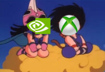 Screen capture of Dragon Ball, in which Goku's face has been replaced with the Xbox logo (right), while Chi Chi's has been replaced with Nvidia's (left)