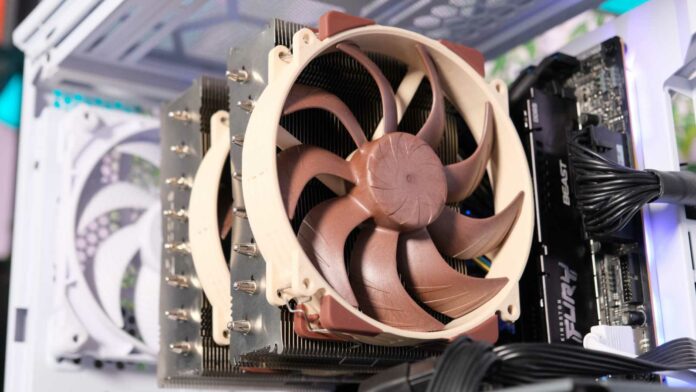 Noctua NH-D15 G2 CPU cooler mounted to a motherboard but not on.