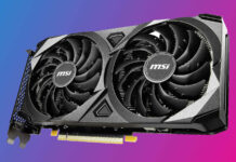 MSI Ventus 2X RTX 4060 graphics card against a two-tone blue and pink background