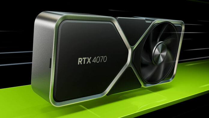 Nvidia GeForce RTX 4070 Founders Edition graphic card riding atop a green strip, in a dark environment