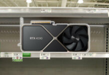 Nvidia GeForce RTX 4090 Founders Edition graphics card alone on an otherwise set of empty shelves