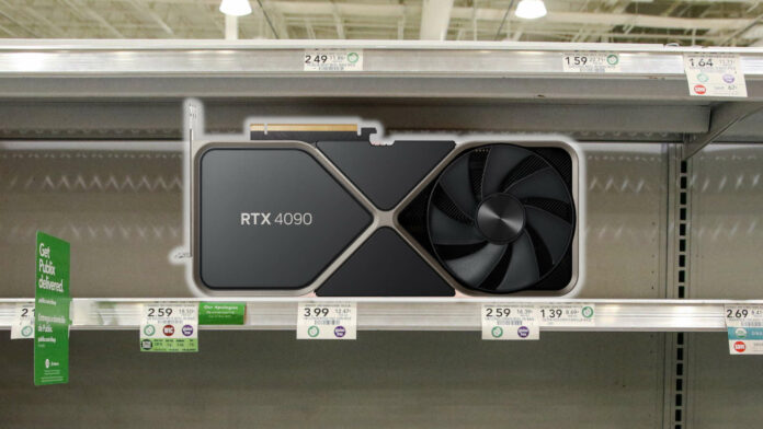 Nvidia GeForce RTX 4090 Founders Edition graphics card alone on an otherwise set of empty shelves