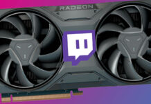 Radeon RX 7000 series reference graphics card, with a Twitch logo at its centre, surrounded by a blue-pink background