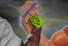 Two muscular arms, drawn in chalk, lock in an epic handhsake with logos for Samsung and Nvidia covering either hand