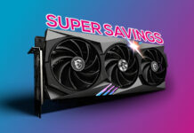 MSI GeForce RTX 4090 Gaming X Trio graphics card, against a blue-pink background, with the text 'Super Savings' appearing above it