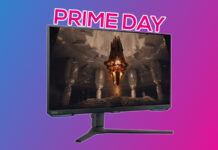 Samsung Odyssey G7 (G70B) gaming monitor, against a blue and pink background, with the words 'Prime Day' floating above it