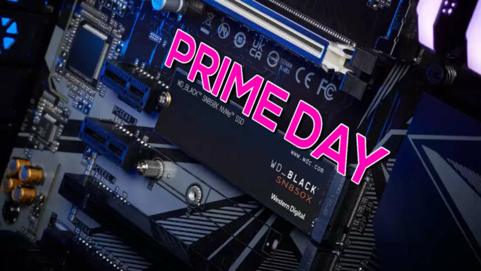 WD Black SN850X SSD nestled in an M.2 slot on a motherboard, with 'Prime Day Discounts' text above it