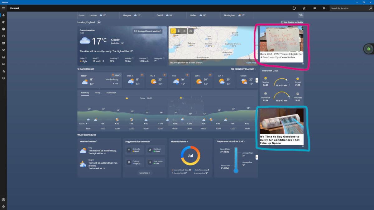 Screenshot of MSN Weather app, in Windows 11, with two adverts circled in pink and blue