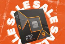 AMD Ryzen 9 9900X in its retail packaging, surrounded by a circle formed of the word 'Sale' repeating, against an orange backdrop.