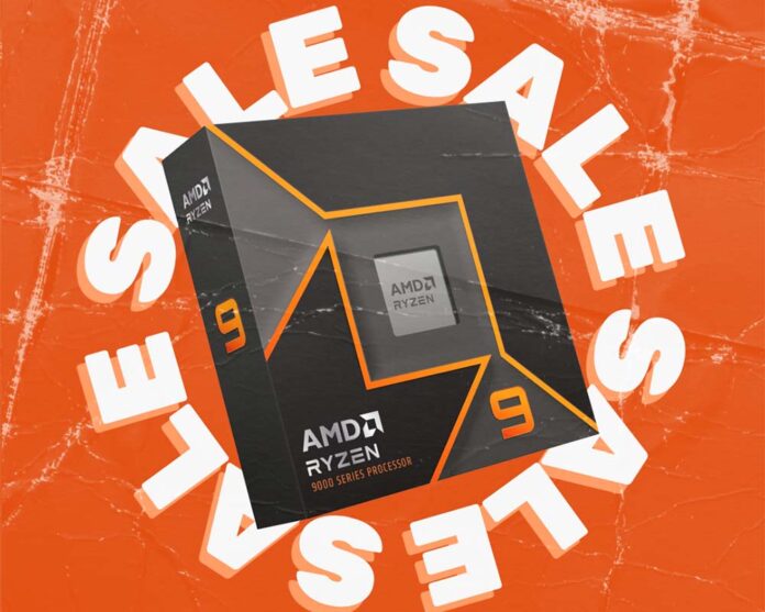 AMD Ryzen 9 9900X in its retail packaging, surrounded by a circle formed of the word 'Sale' repeating, against an orange backdrop.