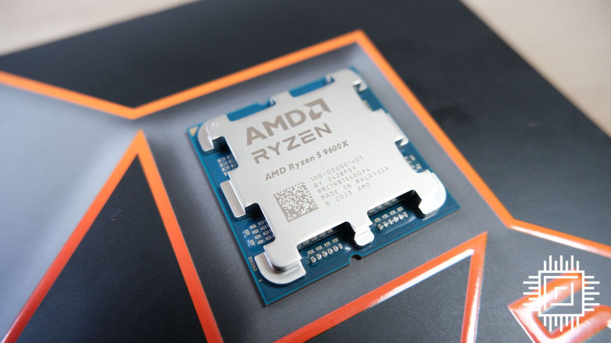 Three-quarter view of the Ryzen 5 9600X CPU on top of the box.