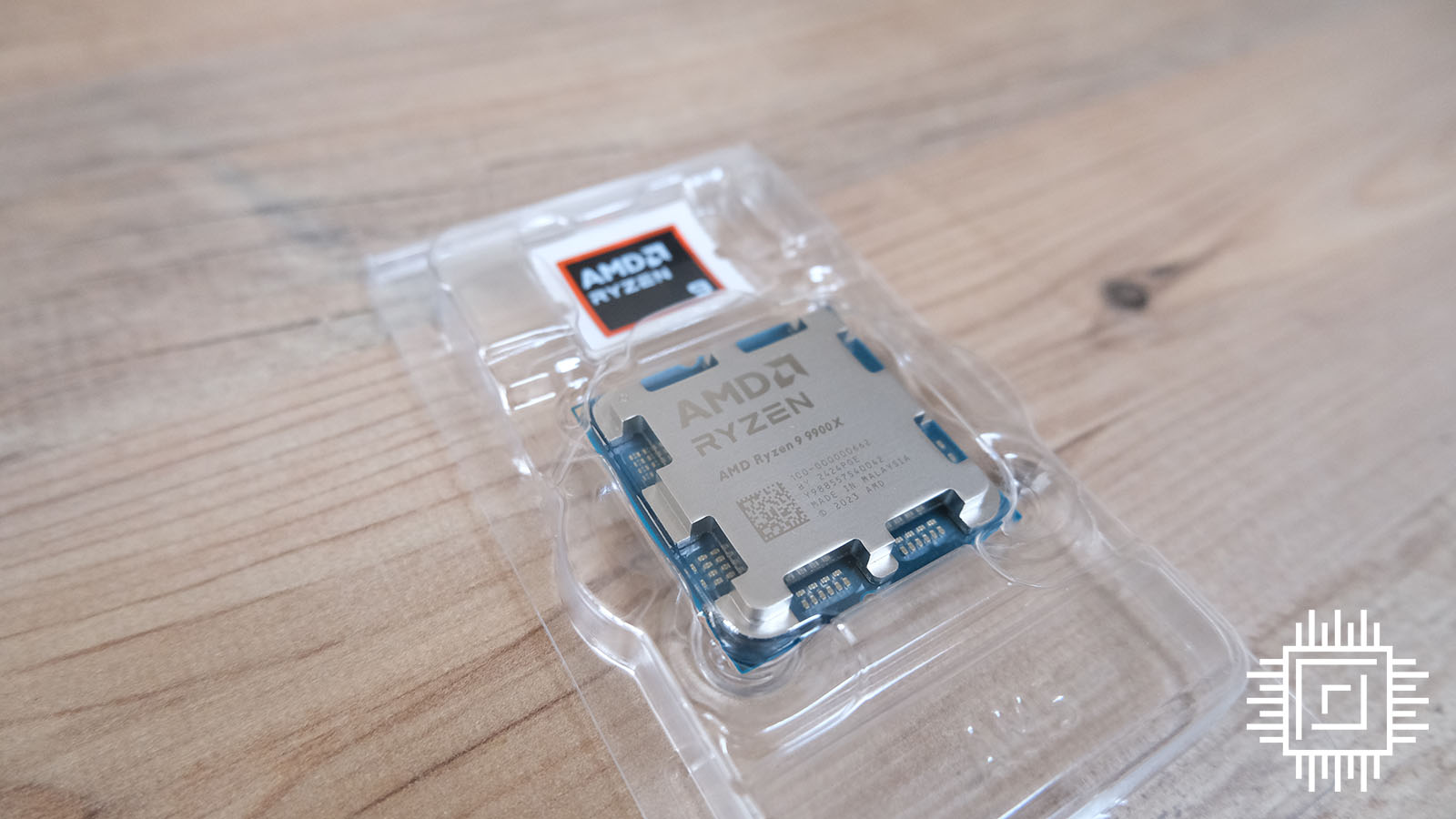 A picture of an AMD Ryzen 9 9900X in the plastic protective case.