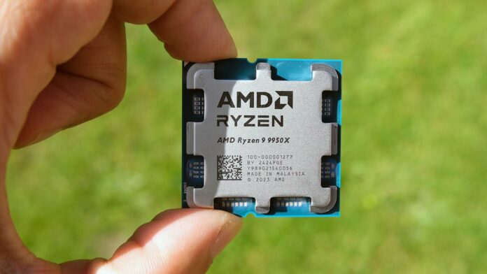 A picture of the AMD Ryzen 9 9950X CPU with a grass background.