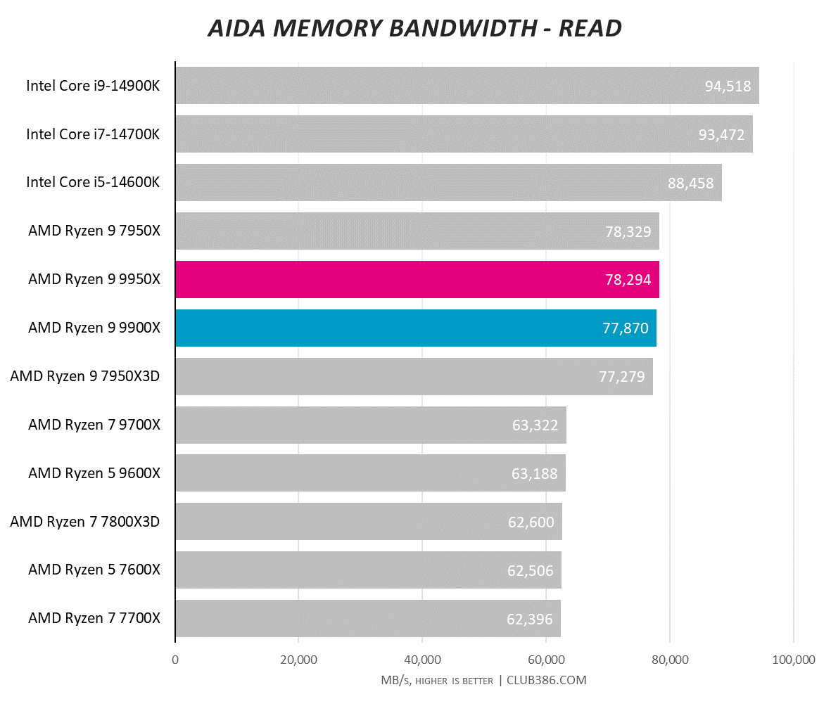 A graph showing the performance of the Ryzen 9 9950X and 9900X in AIDA memory read.